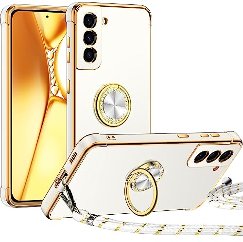 Silverback für Samsung Galaxy S21 FE 5G Hülle mit Band, [Miss Arts] Ring Ständer Handyhülle Handykette Frauen Mädchen Dünn Stoßfeste Schutzhülle für Samsung Galaxy S21 FE 5G Case Weiß