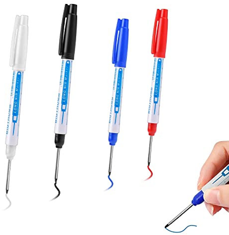 4 Pcs Deep Hole Marker Pens, Multi-purpose Deep Hole Long Head Marker 30mm Extra Long Reach Pen Fine Tip Permanent Marker Pens, for Permanent Marking of Hard To Reach Areas (Black Blue Red White)