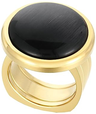 Beydodo Edelstahl Ring Damen, Partner Ringe Breit mit Schwarz Stein Siegelring Frauen Ring Personalisiert Nickelfrei Gold Größe 52 (16.6)