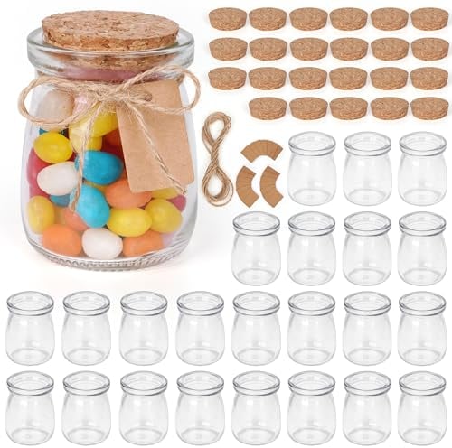 Winter Shore Petits Pots en Verre 100 ml [Lot de 24] - Mini Fiole en Verre avec Bouchon Liège de Qualité Alimentaire avec Ficelle & Étiquettes pour Bonbons, Yaourt, Miel - Cadeau Invites Mariage
