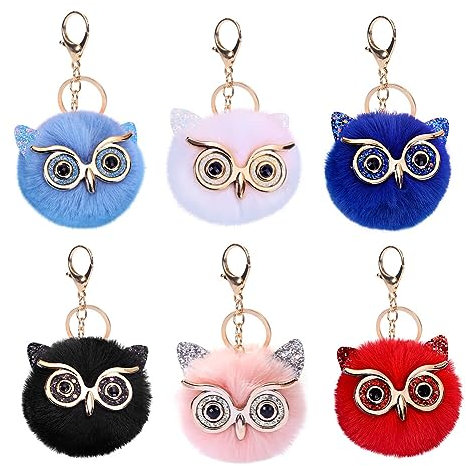 BYNYXI 6 Stück Plüsch Eule Schlüsselanhänger, 8cm Strass Taschenanhänger Kaninchenfell Keychain Anhänger Eule Ball Schlüsselanhänger für Frauen Mädchen Handtasche Schlüssel Rucksäcke Charme Anhänger