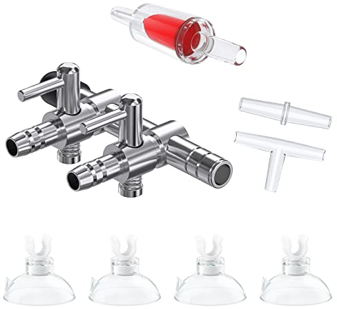 Pawfly 2-Voies Manifold à Levier De Contrôle De Débit d'air pour Pompes à Air pour Aquarium Distributeur Multiport avec 1 Clapet Anti-Retour Connecteurs en t Et Droits Et 4 Pinces à Ventouses