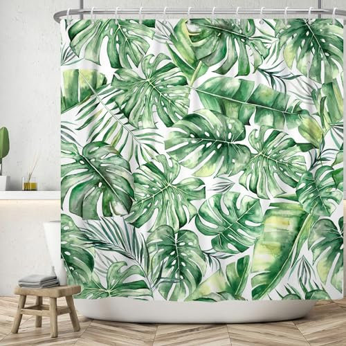 ASDCXZ Blätter Duschvorhang 180x180 cm, Frühling Sommer Tropical Grün Palmblätter Bananenblätter Weiß Bad Waschbar Duschvorhänge Polyester Textil Wasserdicht Badevorhang für Badewanne mit 12 Haken