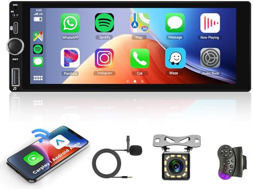 Rimoody Single Din Wireless Carplay Car Stereo Android Auto 6.86 inch HD Touch Screen Car Radio Bluetooth FM/RDS EQ Backup Camera USB Type-C SWC