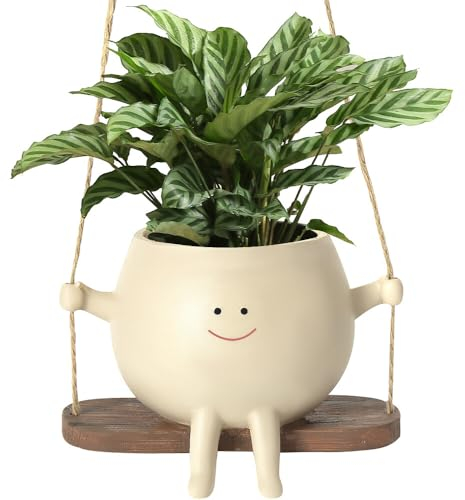 NAVESO Swing Face Planter, Smile Face Hanging Plant Pot, Resin Head Planters Hangable, Unique Plant Pots