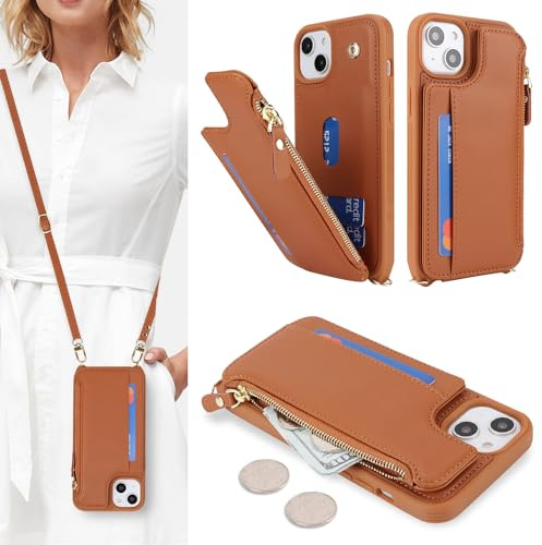 SailorTech Handyhülle für iPhone 14 Etui mit Kartenfach, iPhone 14 Hülle mit Verstellbarer Halskette, iPhone 14 Handytasche mit Reißverschluss Geldbörse - Braun