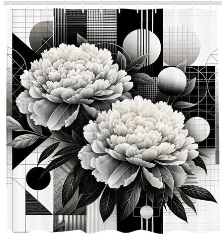 ABAKUHAUS Noir et Blanc Rideau de Douche, Pivoines sur des Motifs Géométriques Modernes, Material Resistente al Agua Durable Estampa Digital, 175 cm x 200 cm, Gris Anthracite et Gris Foncé