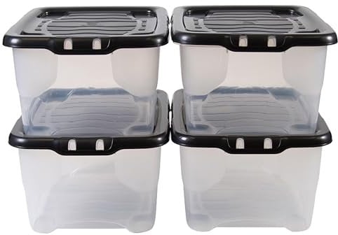 STAR SUPPLIES Strong Stackable Clear Transparent Base Storage Containers With Black Lids For Home & Office (2, 24 Litre)