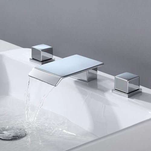 Svincoter Robinets de lavabo 3 Trous, Bouche Fine, 2 poignées, Robinet Cascade, mitigeur en Laiton, lavabo de Salle de Bain, Chrome Independence