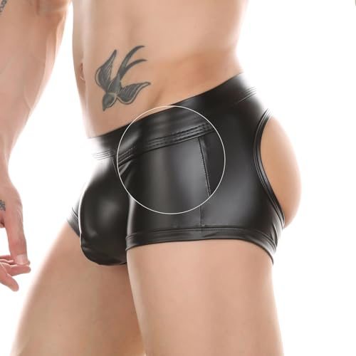 PIIKNUO PU Leder Erotische Boxershorts Herren Sexy Unterwäsche | Wetlook Unterhose, Am Gesäß Ausgeschnitten, Anliegend, Bulge Pouch Boxershorts Retro, Sissy Gay Dessous, für Clubwear Party