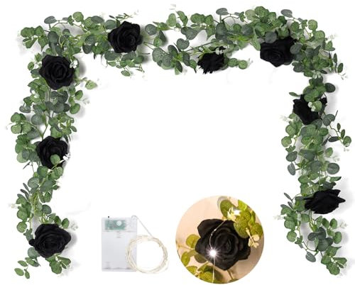 RECUTMS Artificial Rose Garland Silk Peony Flower Vine with Eucalyptus Leaves 5.9FT Faux Hanging Floral Ivy with 30LED Fairy Light for Valentine's Day Wedding Party Garden Indoor Outdoor Décor(Black)