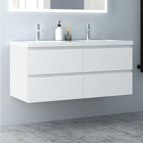 Biubiubath Badezimmermöbel 120cm Mineralguss Waschtisch mit Unterschrank Badmöbel Set Badezimmerschränke mit 4 Soft-Close Schubladen Weiß Matt