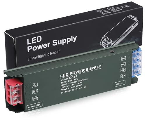 JIZZU Transformador 220V a 12V, 200W Fuente Alimentacion Constante Ultrafino LED Driver Controlador AC 265V a DC 12V 16.7A Fuente de Alimentación LED de Bajo Voltaje (12V)