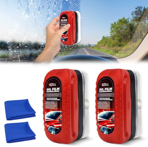 SEILETOO 2PCS Automotive Oil Film Cleaning Brush with Microfiber Towels for Cars, 2024 New Glass Cleaning Board Car, Hydrophobic Glass Coating, Prevents Rain and Fog, Improves Clarity & Visibility