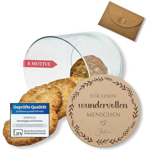 Vorratsgläser mit Deckel personalisiert mit Gravur, kleine Geschenke, Keksdose personalisiert, Dankeschön Geschenke, Holzdeckel mit Gravur, Personalisierte Geschenke, Danke Geschenk (Design 1, 530ml)