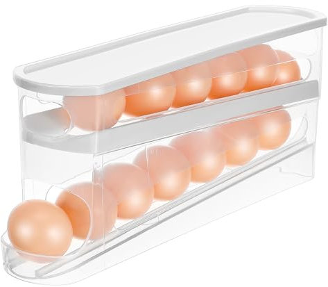 ABOOFAN 4-Tier Egg Dispenser for Fridge Storage Clear Rolling Egg Organizer with Lid Space-Saving Kitchen Holder for Easy Distribution
