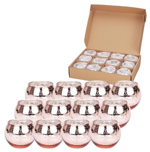 Hiseng Lot de 12 Photophore en Verre Rond Bougeoir Votif Décoration de Noël Porte-Bougie Votif pour Bougies Chauffe-Plat, Maison, Mariage, Fête et Décoration de Table (Rose)