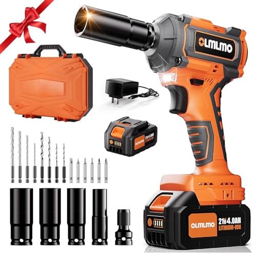 olmlmo 400Nm/294Ft-lbs Avvitatore A Impulsi a Batteria, Professional 1/2 Elevata Avvitatori a Massa Battente con Batteria 4000mAh,4 Bussole, 8 Trapani, 6 Punte, Avvitatore Batteria per Auto Casa