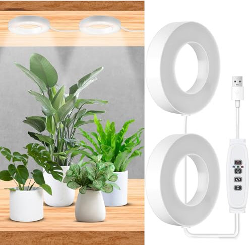 LOMUG 9 CM Pflanzenlampe led, 6000K Vollspektrum Pflanzenlicht für Zimmerpflanzen, Decken Grow Light mit 3/9/12 Stunden, 3 Lichtmodi, 5 Stufen Dimmbar, Wachstumslampen für Pflanzen (2-Kopf)