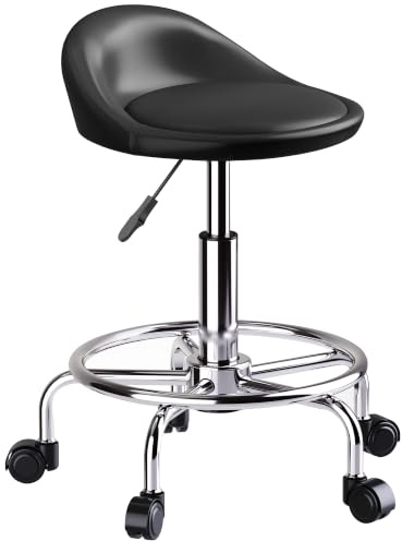 HOMCOM Rollhocker Höhenverstellbar mit Rückenlehne Hocker 59-75 cm Schwarz | Drehhocker, Arbeitshocker mit Fußstütze, 360° Drehbar, Bürohocker, für Büro Salon Massage Spa