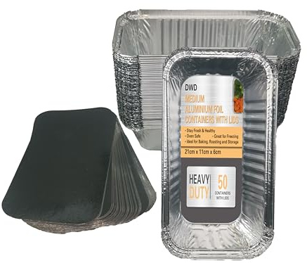 DWD Premium Medium Foil Aluminium Trays Pack of 50 Heavy-Duty Deep Tin Foil Trays 21cm L x 11cm W X 6cm H with Lids Cooking Baking Roasting BBQ Meal Prep Tray Broiling Food Storage Gastronorm