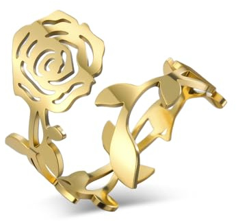 kkjoy Bague Rose en Acier Inoxydable Bague Réglable de Promesse d'Amour Fleur de Rose pour les Femmes Charmante Dames (Or)