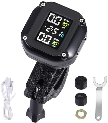 Motorcycle TPMS Tyre Pressure Monitoring System, Wireless Tire Pressure Sensor, Alarm Tire Pressure and Temp Real Time, LCD Display & 2 External Sensors, Magnetic USB Charging