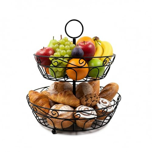 Relaxdays Obst Etagere, 2-stöckig, Metall, HxD: 30 x 31 cm, Obst, Gemüse, mit Griff, runde Obstschale, Obstkorb, schwarz