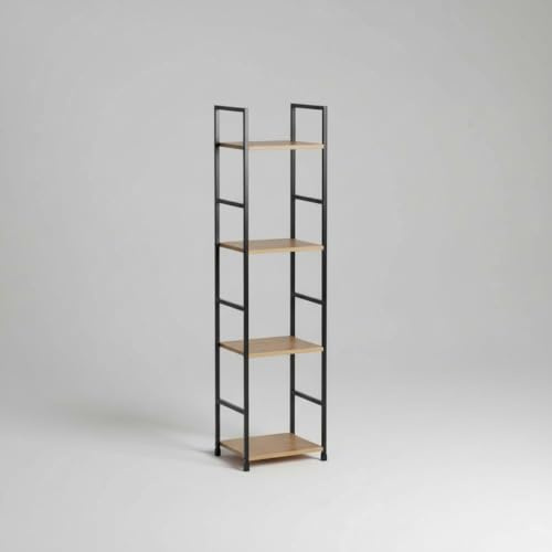 INDE MOBLEKIT | Estantería Metálica 4 Niveles 29.1x23.5x112 cm Negra, Mueble Auxiliar con Baldas de Madera Acabado Mate, Organización para Baño, Cocina, Dormitorio u Oficina
