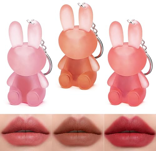 3Pcs Matte Lip Gloss Set, Cute Rabbit Matte Liquid Lipstick Set, 2 in 1 SchlüsselanhängerLippenstift, Lippenfarbe für Frauen und Mädchen