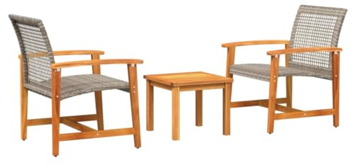 PUGYNBK 3-TLG. Bistro-Set für Balkon und Garten aus grauem Poly Rattan und Akazienholz mit Stühlen inkl. Rücken- und Armlehnen, Stabiler Tisch aus massivem Akazienholz, pflegeleicht