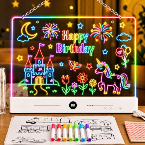 Tablette Dessin Enfant Lumineuse 30x20cm, 7 Couleurs et 3 Effets de Lumière | Tablette Lumineuse Dessin, Cadeau Fille 4-10 Ans, Tableau Acrylique Effaçable pour Maison, Bureau et Décorations de Fêtes