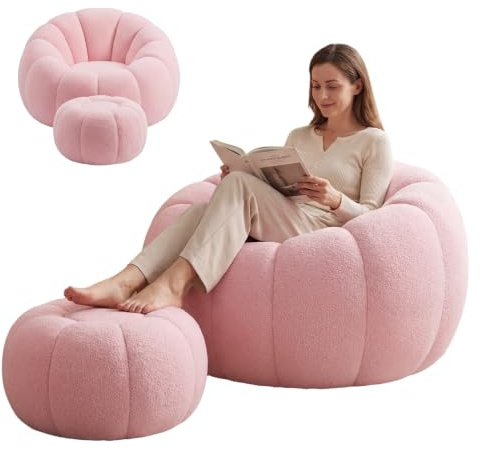 Bean Bag Chair with Footstool, Pumpkin Shaped Sofa Chair, Ergonomic Soft Velvet Lounge Seat for Living Room, Giant Comfy Floor Couch for Teens, Kids and Adults, 95cm Rosa