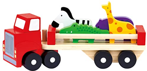 Bino Holz LKW mit Tieren, Spielzeug für Kinder ab 1,5 Jahre, Kinderspielzeug (6-teiliges Motorikspiel mit exotischen Tieren & abnehmbarem Anhänger, zur Förderung kindlicher Fähigkeiten), Mehrfarbig