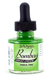 Bombay India Ink, 1.0 oz, Grass Green (12BY) - Highly Pigmented, Lightfast, Permanent, Waterproof - for Brush, Drawing Pen or Airbrushes