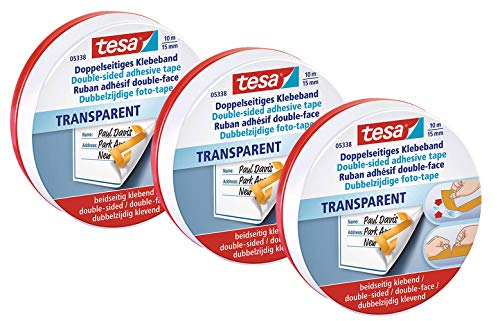 tesa doppelseitiges Klebeband, perfekt für Fotos und Papier, 10m x 15mm, in hochwertiger Metalldose (3 Rollen)