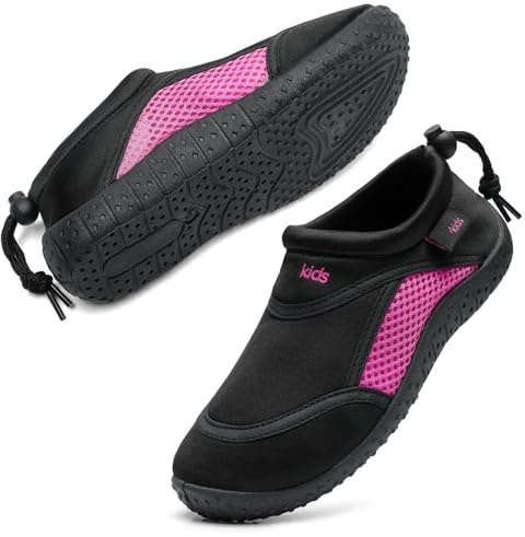 HKR Water Shoes for Kids Girls Swim Beach Aqua Socks Outdoor Sports Quick Drying Pool Sea Aerobics Shoes Black/Fushia 12 UK Child