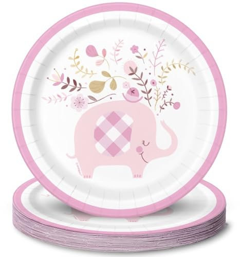 Unique 78374 Pink Floral Elephant Baby Shower Round Deseert Plates, 7 8 Pcs