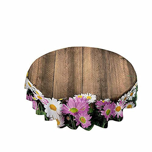 Chickw1 Tischdecke Runde Wasserdicht Abwaschbar Holzmaserung Bedruckte Tischschoner Fleckschutz, Tischtuch aus Polyester für Küche,Esszimmer,Garten oder Camping (Kleine Gänseblümchenblumen,150cm)