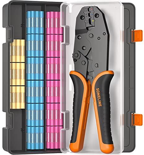 SOMELINE Set di Pinza Crimpatrice Connettori Elettrici, 3 Tipi [0,34-6 mm²] Connettori di Testa Termorestringenti, Capicorda Elettrici a Crimpare, Pinza per Capicorda, Pinza Elettricista