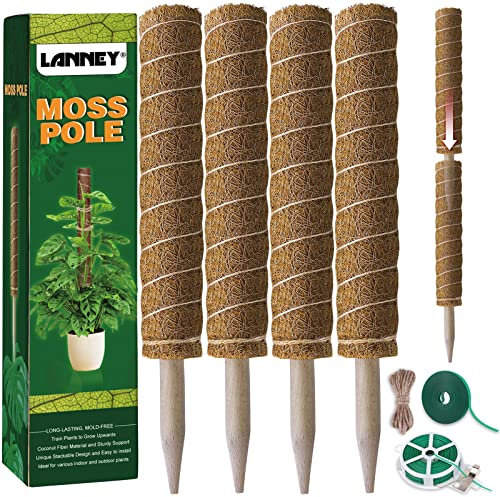 Moss Pole 47.5 Inch 120cm, 4 Pack Moss Poles for Climbing Plants, Monstera Coir Totem Pole, 40.5cm Indoor Moss Sticks for Plant Support Creepers Philodendron to Grow Upwards, with Garden Ties Brown