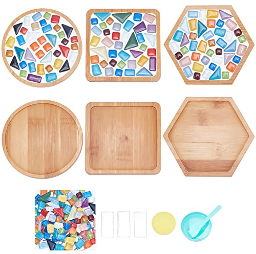 WEBEEDY 3 Kit de Mosaïque de Carreaux de Verre Kit de Sous-Verre en Mosaïque Verre Mosaïque Dessous de Verre Base Bambou Tasse Sous-Verres pour Boissons Bricolage Artisanat Kits Plateau Décoratif