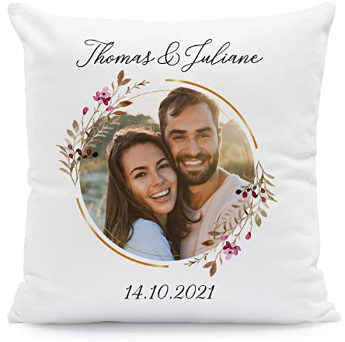 GRAVURZEILE Bedrucktes Kissen mit Foto - Floral Kreis - Personalisiert mit Foto, Namen & Datum - Persönliches Geschenk für Paare zum Valentinstag Geburtstag oder Hochzeit - Größe mit Füllung