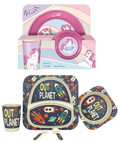 Juego de vajilla de regalo de 5 piezas: plato, cuenco, vaso y vajilla, resistente a la rotura, libre de BPA, juego de cena para niños, picnic y regalo de fiesta de cumpleaños