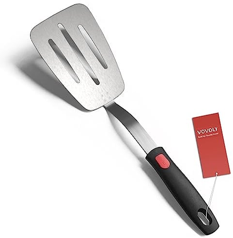 Stainless Steel Flexible Spatula Turner, Thin Slotted Metal Spatula for Cast Iron Skillet, Thin Blade and Heat Resistant Silicone Handle, Great for Egg, Cookie, Meat, Crep, Large