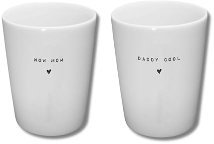 BAVAREGOLA 2er Porzellan Becher Set weiß 280ml mit Spruch Wow Mom & Daddy Cool - Tasse ohne Henkel für Kaffee, Tee, Latte oder Cappuccion - Geschenk für Frauen & Männer