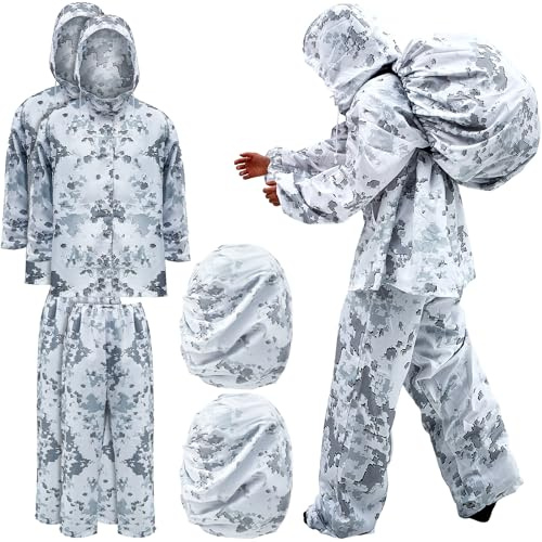 Cutecrop 2 Sets Winter Camo Anzug für Jagd Mit Rucksackabdeckung, Schnee Ghillie Windbreaker Camouflage Jacke Hose für Sniper Militär Taktische Jagd, Unisex