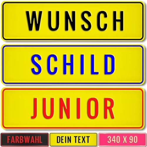 Kennzeichen Junior Schild 34cm x 9cm mit Wunschtext Wunschprägung Namenskennzeichen Namensschild 340x90mm Bobbycar Gokart Tretauto Kettcar Fun Schild (neon gelb)
