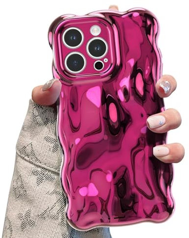 UEEBAI Case for iPhone 15 Pro Max 6.7 inch, Cute Solid Color Curly Wave Shape Shockproof Soft TPU Bumper Phone Case, Candy Water Ripple 3D Silicone Slim Pretty Case Non-yellowing Cover-Hot Pink #