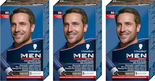 Schwarzkopf, Men Perfect, Tinta Copertura dei Capelli Bianchi, Colorante in Gel, Tonalità 50 Castano Chiaro Naturale, 3 confezioni